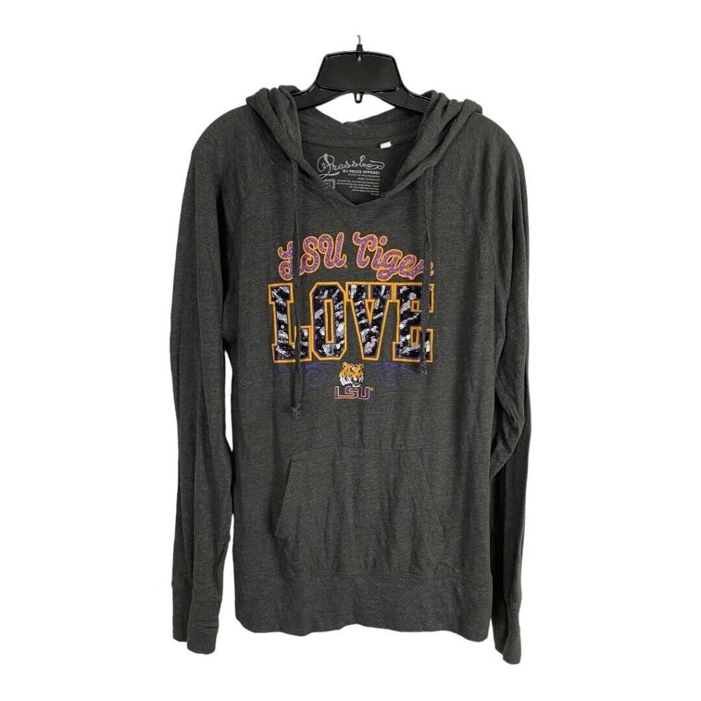 Pressbox Womens Shirt Adult Size XL Long Sleeve Gray Hoodie Pockets LOVE LSU
